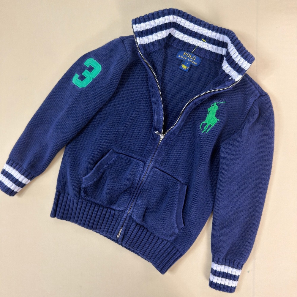Polo Ralph Lauren Boys Big Pony Full Zip Knit Sweater Navy Size 7